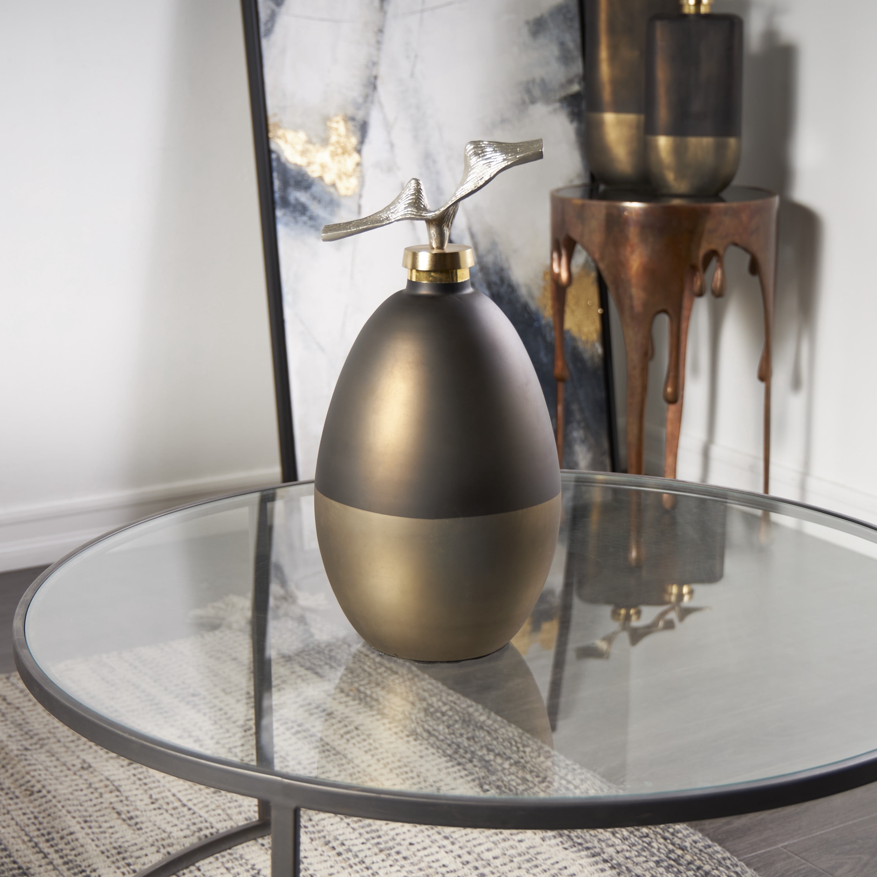 DecMode 8" x 17" Bronze Glass Abstract Colorblock Decorative Jars with Gold Accents and Silver Wave Designed Top, 1-Piece