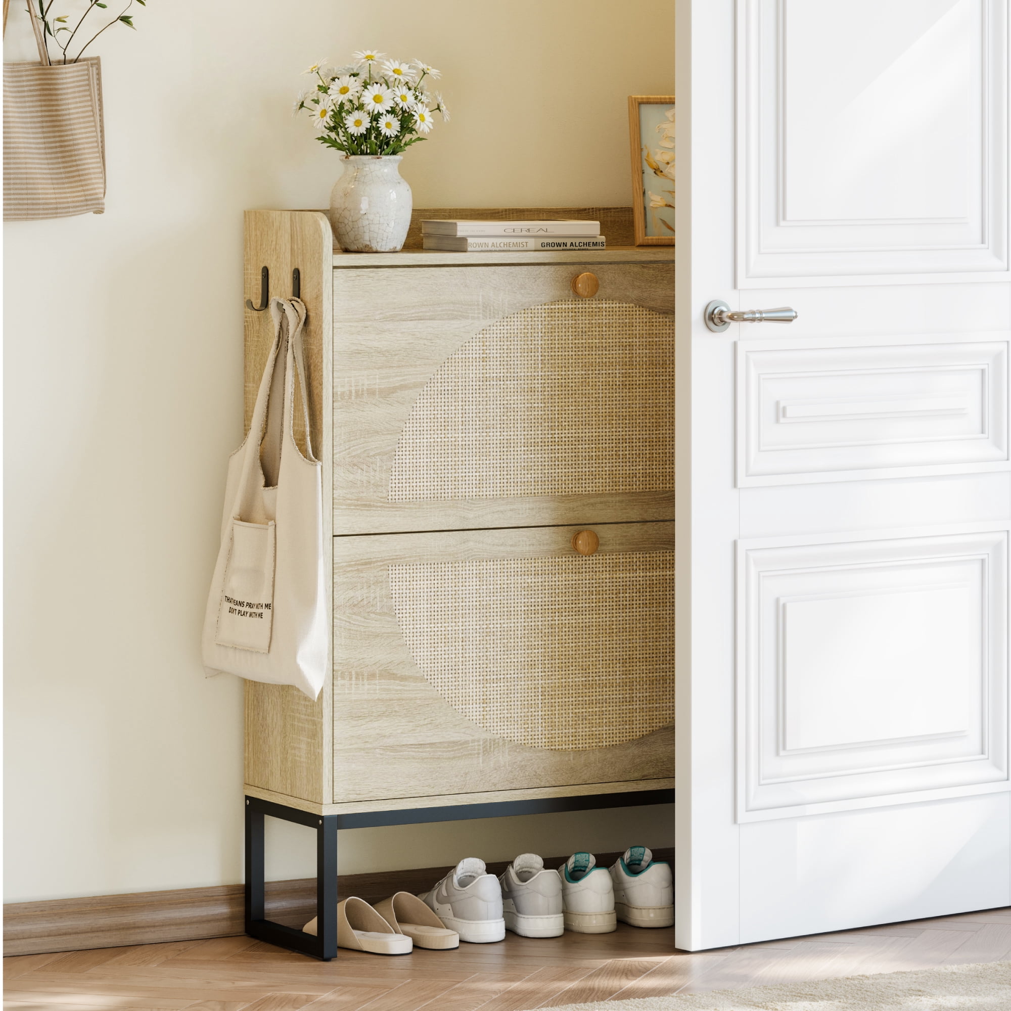 Furnibear Shoe Cabinet with Rattan Doors for Entryway Shoe Storage, Natural Wood