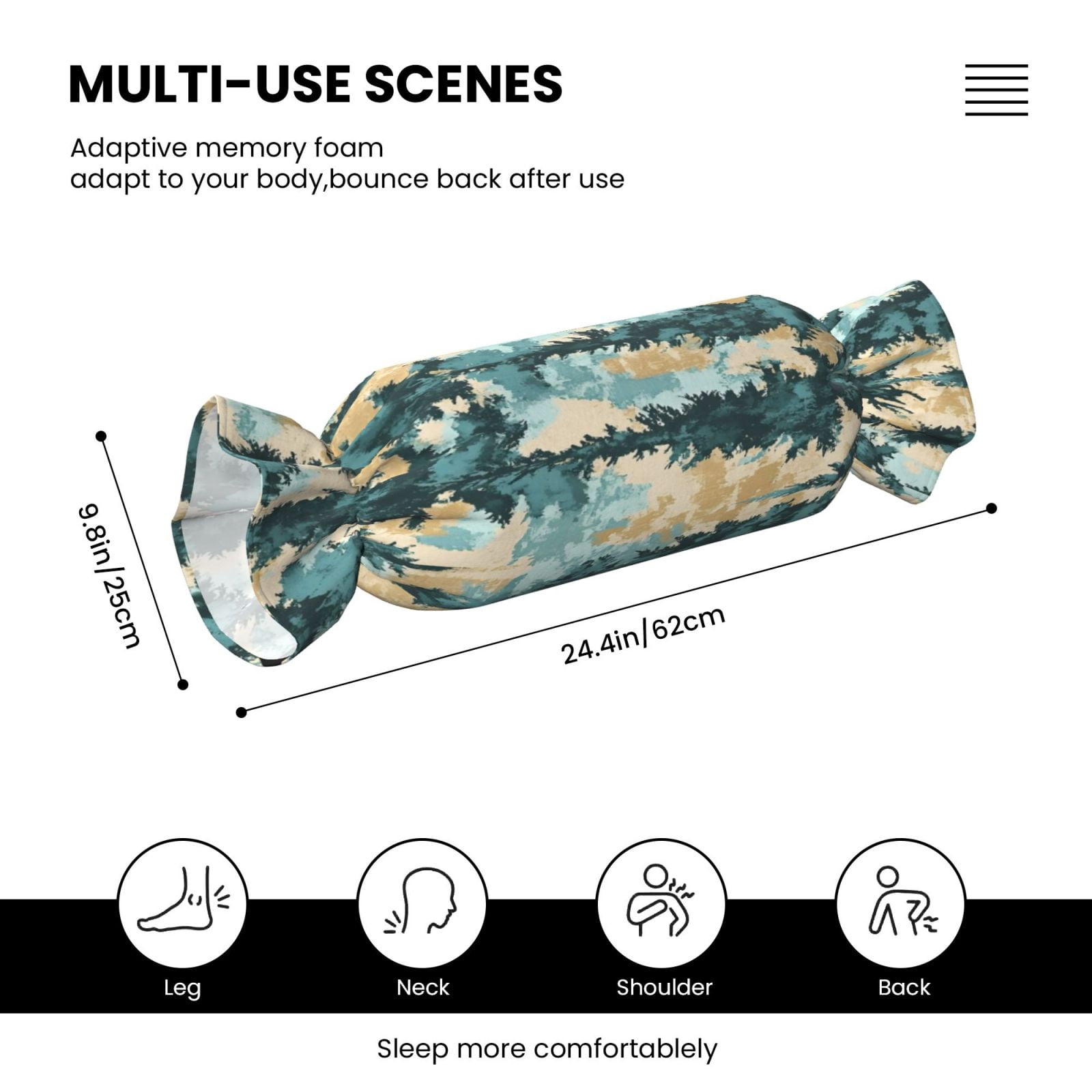 Candy Throw Pillow Travel Cervical Pillow Cylindrical Neck Body Cushion With Insert For Bed Couch Home Decor 9.8x24.4in Realistic Forests Camouflage Pattern Conifer Paleturquoise_2