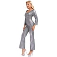 thumbnail image 2 of Haitryli Women's Long Sleeve Unitard Dance Costume Shiny Metallic Full Body Suits Bell-Bottom Black 170, 2 of 5