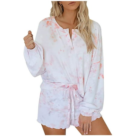 

MIARHB Womens Tie-Dye Printed Shorts Long Sleeve Tops 2 Piece Pajamas Set Sleepwear Pink L