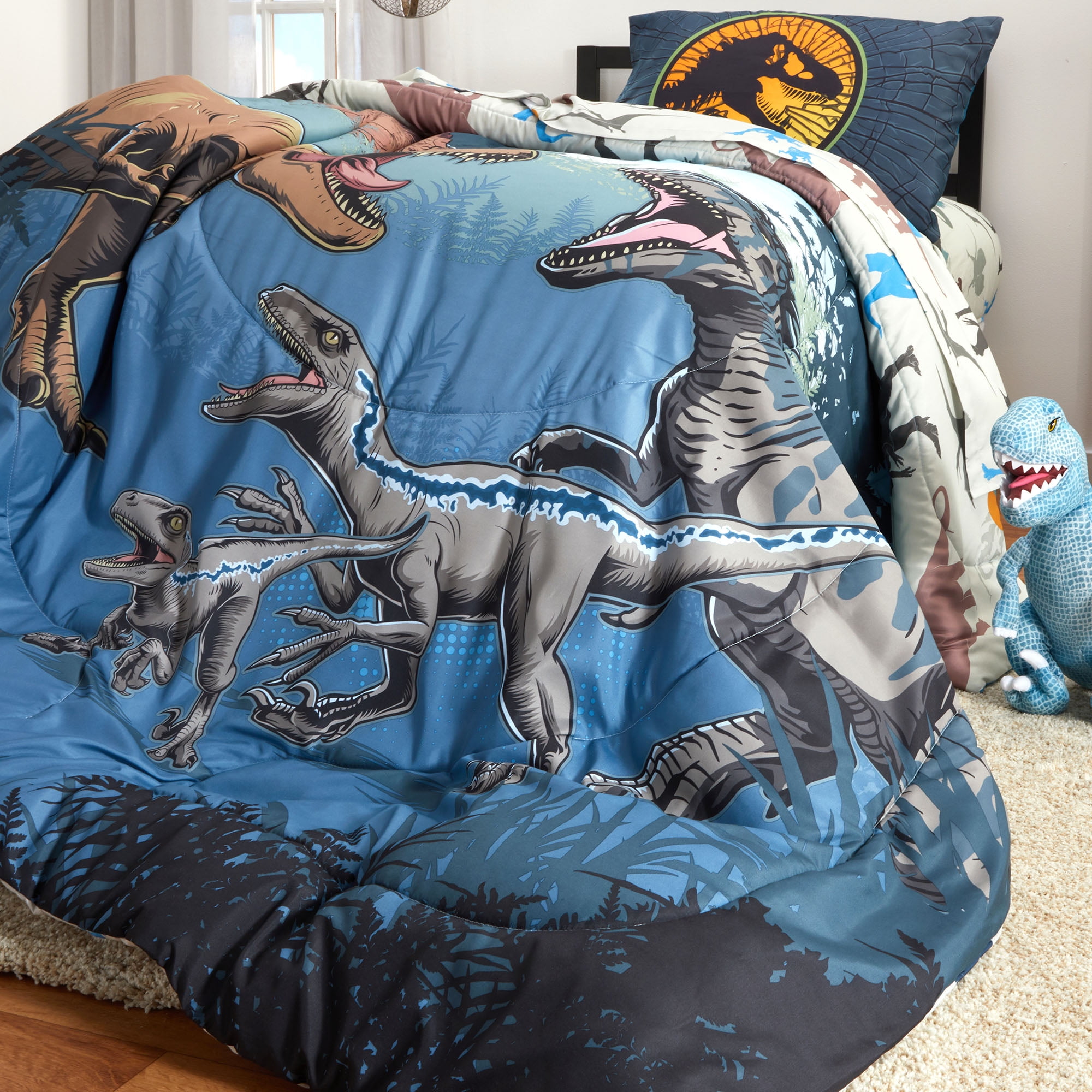 Jurassic World Kids 4 Piece Blue Gray Reversible Comforter, Bed in a Bag, Twin