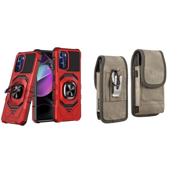 Case with Belt Holster Bundle for Moto G Stylus 5G 2022: Heavy Duty Shield Cover (Red) and Vertical Rugged Denim Nylon Phone Pouch (Brown)