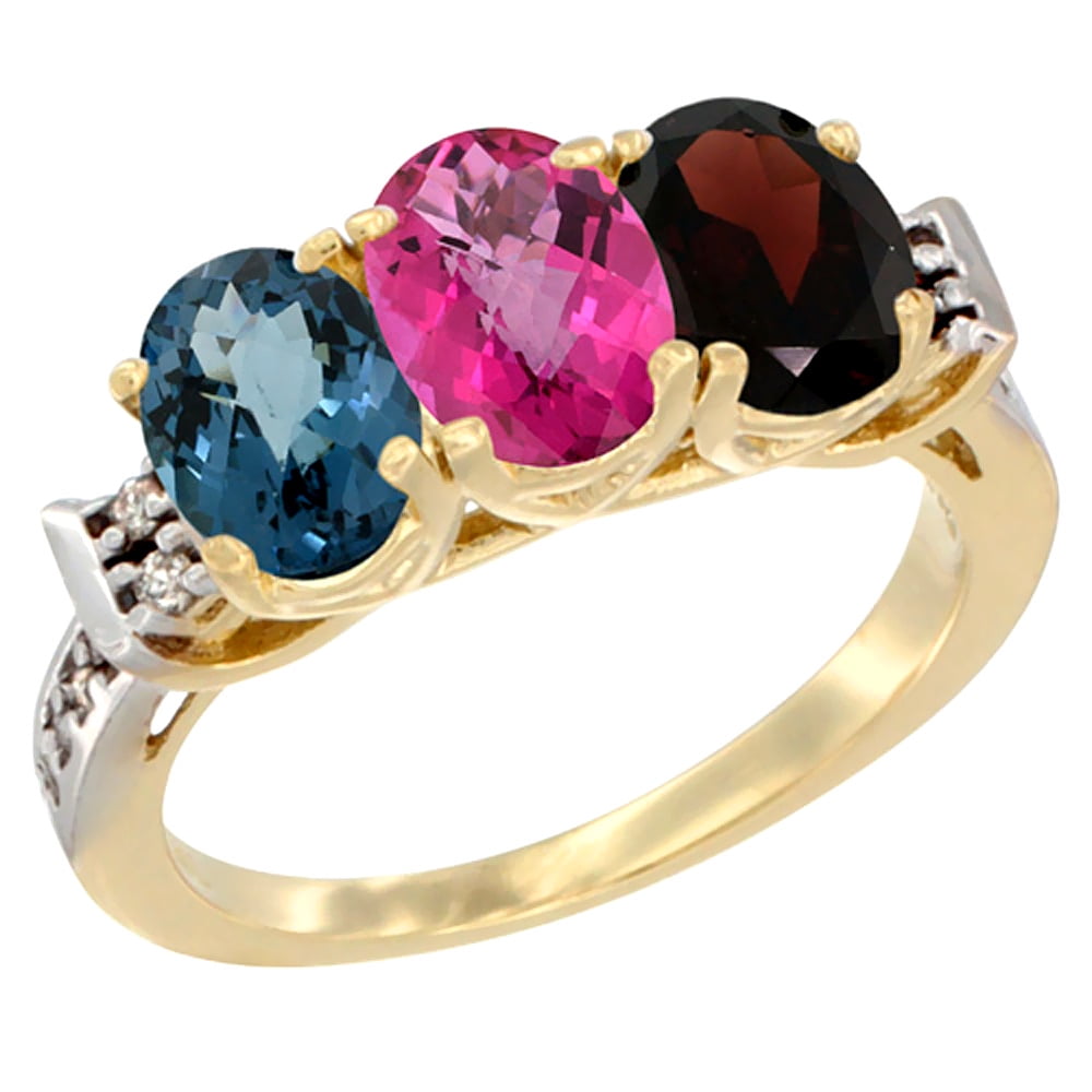 10K Yellow Gold Natural London Blue Topaz, Pink Topaz & Garnet Ring 3-Stone Oval 7x5 mm Diamond Accent, sizes 5 10 by WorldJewels