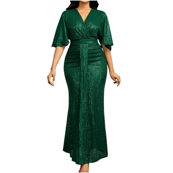 Cavosen Plus Size Dresses for Wedding Guest V Neck Long Sleeve Maxi Evening Gowns Sequins Solid Tassel Ball Dress Elegant Wedding Guest Cocktail Party Dress