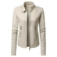 thumbnail image 2 of Dazajoo Women's Faux Leather Moto Biker Jacket Coat Solid Color Long Sleeve Fall Winter Coat,White,L, 2 of 5