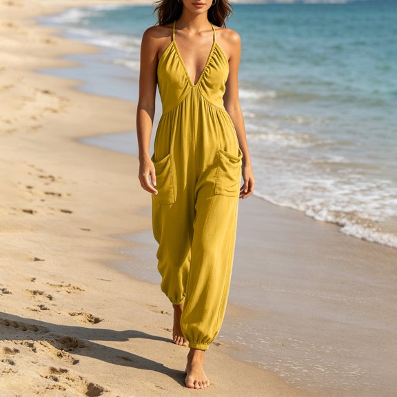 Women's Deep V-Neck Jumpsuit, Sleeveless With Fold Pocket & Back Ties, Ankle Strap Long Pants For Elegant Evening Look Yellow XL