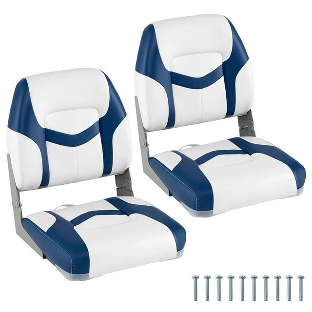 Gymax 2-Pack Boat Seats Folding Low Back Boat Chairs w/ Sponge Padding Fixing Bolts Blue & White