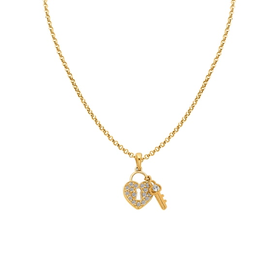 Precious Stars 14K Yellow Gold Cubic Zirconia Ladies Heart Lock and Key Pendant with 16" Chain Necklace
