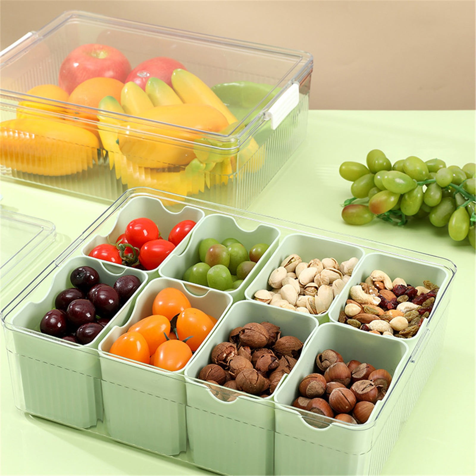 Huayishang Storage Box, Kitchen Essentials Clearance Sale Kitchen Refrigerator Meat Vegetable Cooked Food Storage Dedicated Transparent Detachable Lid Four-Grid Storage Box