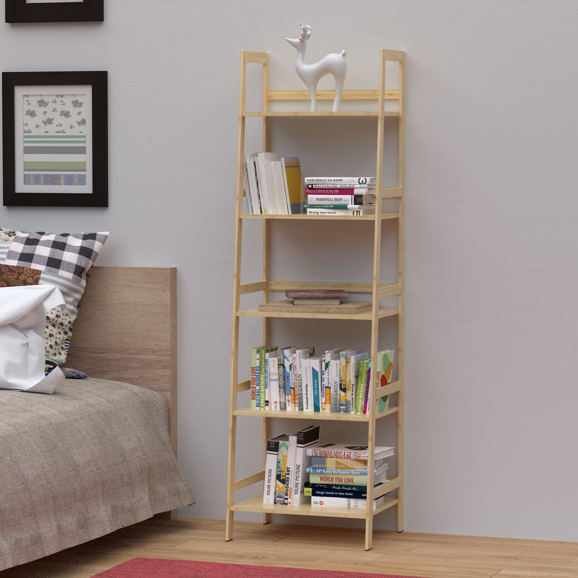 Kadyn 5-shelf Ladder Bookcase, Plant Flower Stand, Freestanding Bamboo Frame Storage Rack Shelf, Wood Color