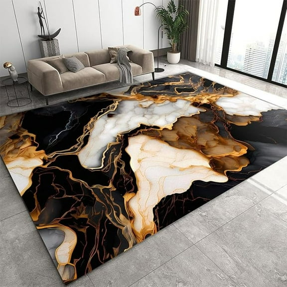 Abstract Black And White Marble Area Rug, Golden Rock Texture Home Decor Rug, Low Pile Soft Non-Slip Carpet For Living Room Bedroom Dining Room Farmhouse Floor Mat 4x6ft