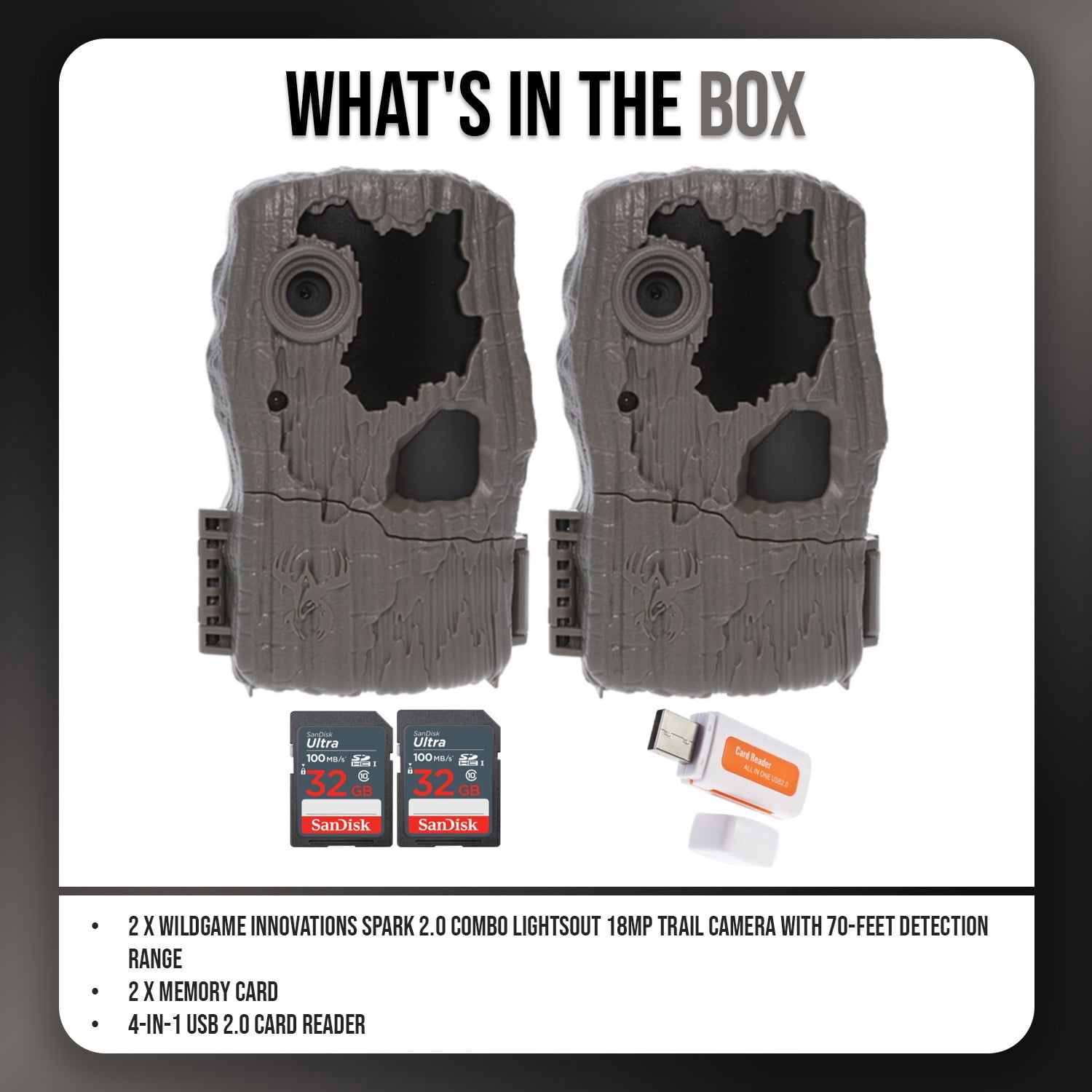 Wildgame Innovations Spark 2.0 Combo Lightsout 18MP Trail Camera with 70-Feet Detection Range (2-Pack) Bundle with 4-In-1 USB 2.0 Card Reader (3 Items)