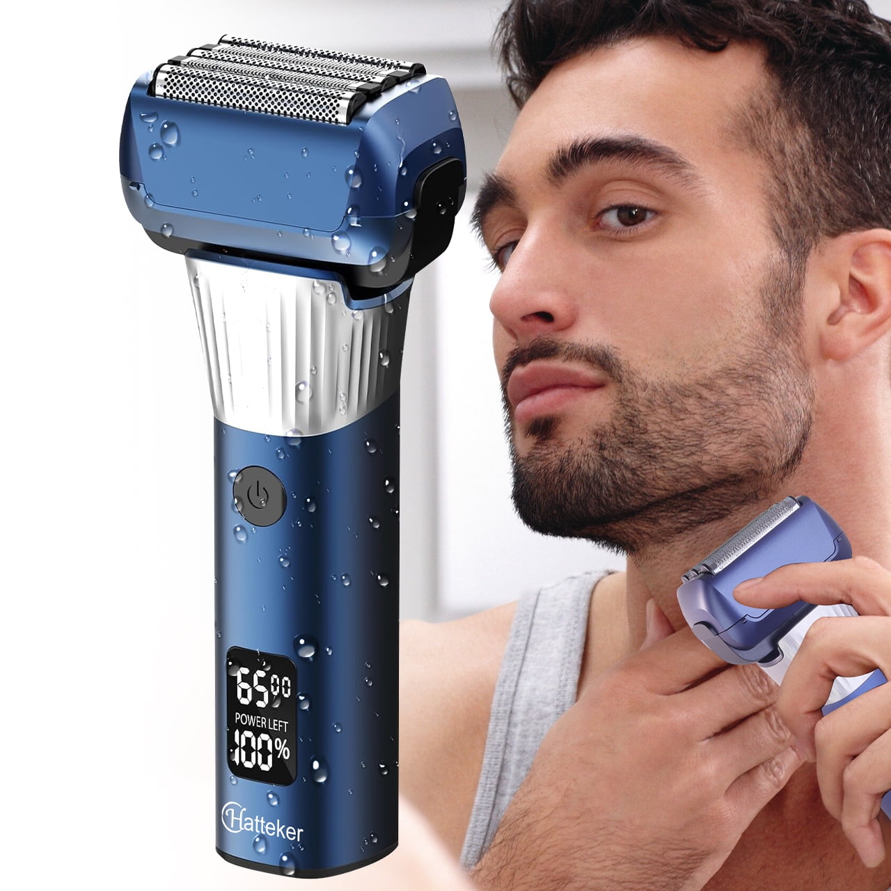 HATTEKER Electric Shaver Five-Head Mesh Shaver IPX6 Waterproof LED Display 2 Speed Settings Blue