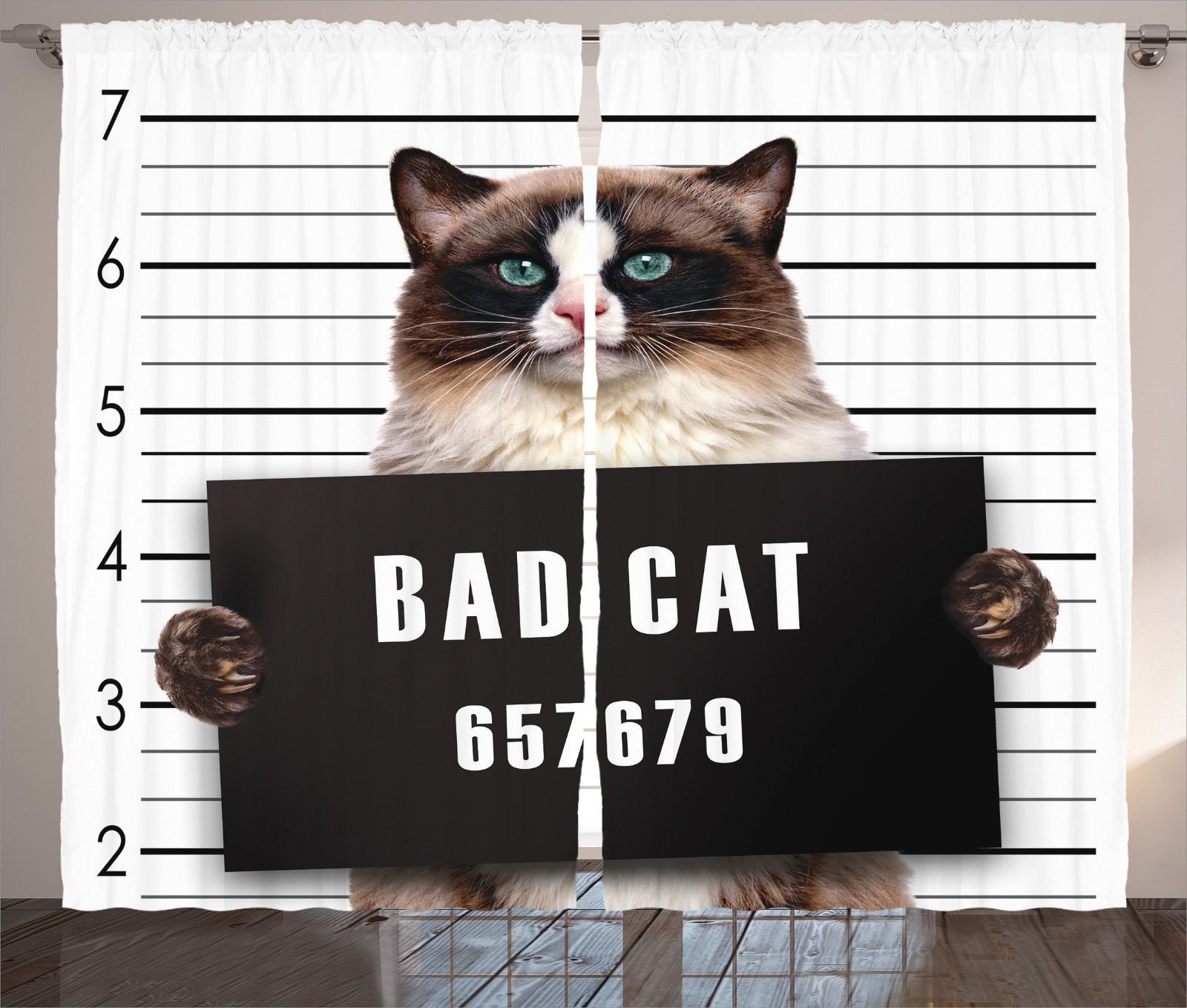 Cat Lover Decor Curtains 2 Panels Set, Bad Gang Cat In Jail Kitty Under