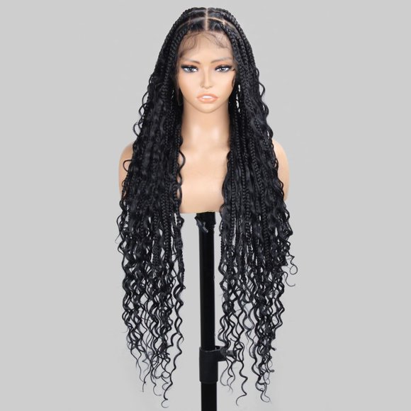 Vecago 36 inch Single Full Lace Boho Braided Wigs for Black Women, 360 HD Lace Knotless Box Braid Wigs with Baby Hair Black Synthetic Braid Wig