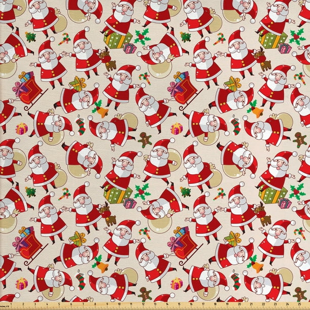 Christmas Fabric by The Yard, Cartoon Design Santa Claus Bringing ...