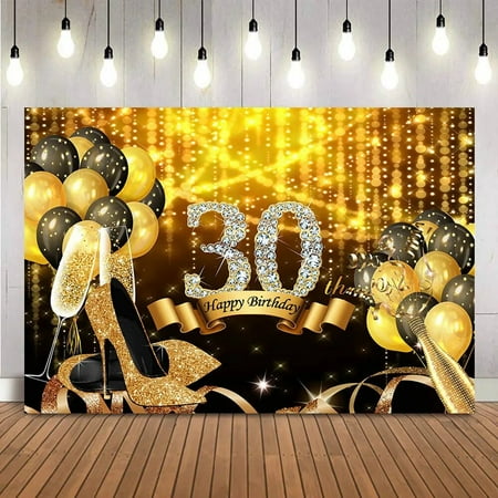 Image of 30th Birthday Backdrop Gold Glitter Shining Dot Photo Background Gold Heels Champagne Decoration Thirty Birthday Photocall Props