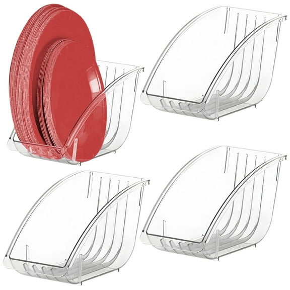 4 Pcs Clear Plate Holder Organizer, Vertical Paper Plate Storage Rack Plastic Dinner Dish Drainer,for Kitchen Countertop & Cabinet
