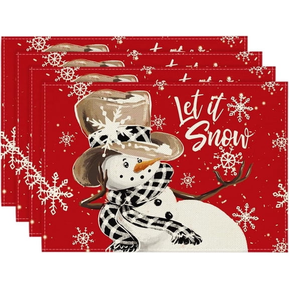 Red Snowman Snowflakes Let it Snow Winter Placemats Set of 4, 12x18 Inch Seasonal Christmas Table Mats for Party Kitchen Dining Decoration