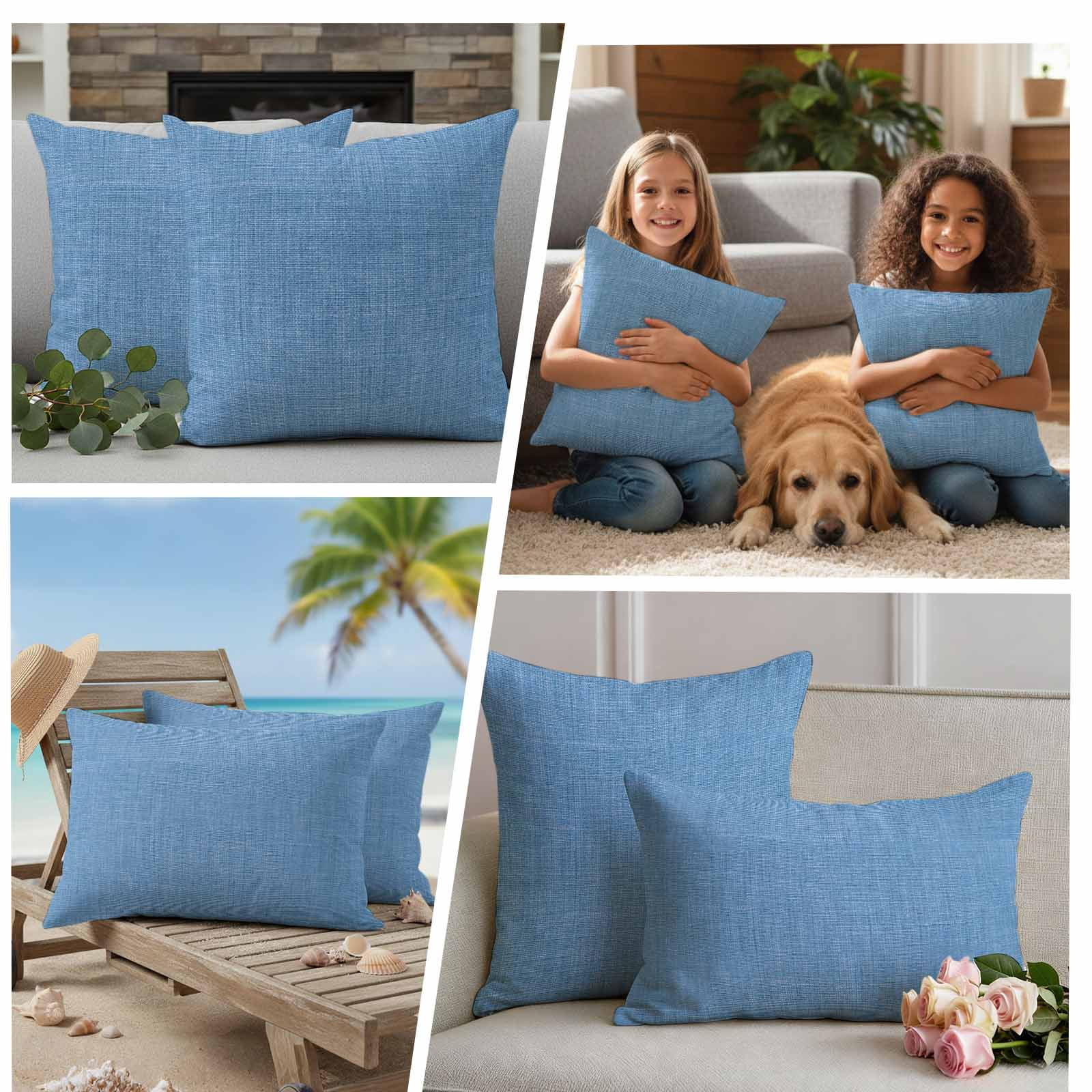 Blue Burlap Texture Outdoor Waterproof Pillow Covers, Farmhouse Vintage Blue Decorative Square Throw Pillowcase Sofa Cushion Sham for Patio/Couch/Chair, 20"x20" 2 Pack