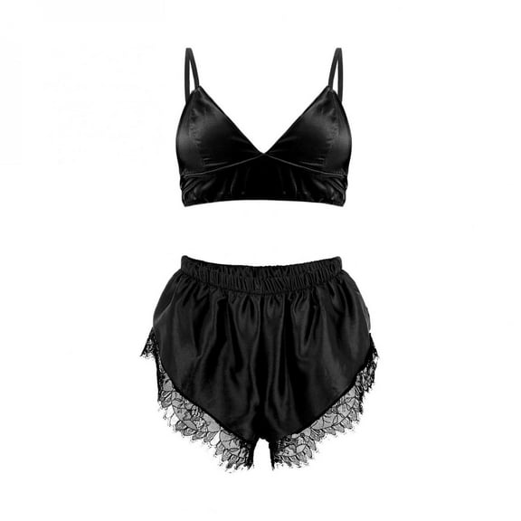 LYEAA Cozy Womens Pajamas Set Valentine's Day Two-piece Soft Satin Nightwear Lace V Neck Bras with Shorts Loungewear Ladies Solid Casual Sleepwear Sleepsuits Black L