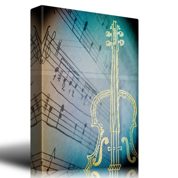 wall26 - Yellow Outline of a Violin Over a Blue Vignette and Music Notes - Canvas Art Home Art - 24x36 inches