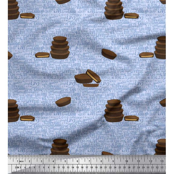 Soimoi Blue Poly Georgette Fabric Text & Cupcakes Food Print Fabric by the Yard 42 Inch Wide