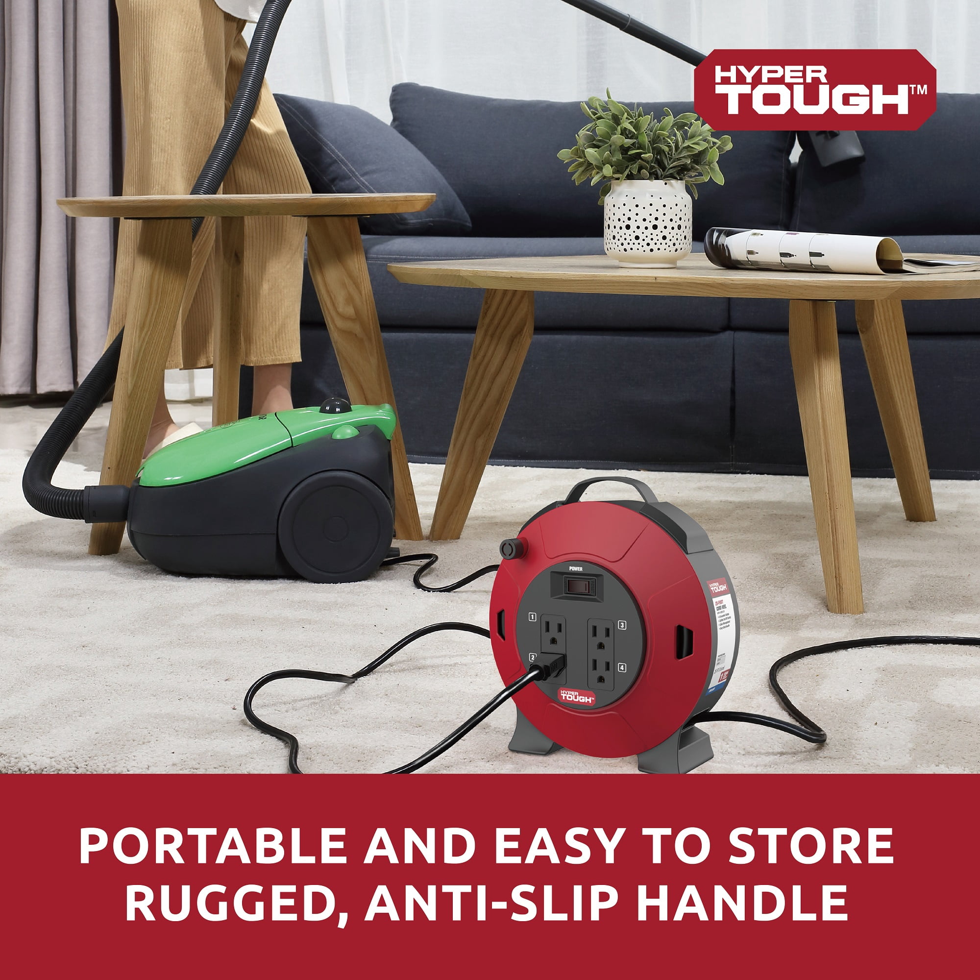 HYPER TOUGH 25 ft. Retractable Cord Reel, 4 Outlets,  on/off switch & 16AWG SJT, Black