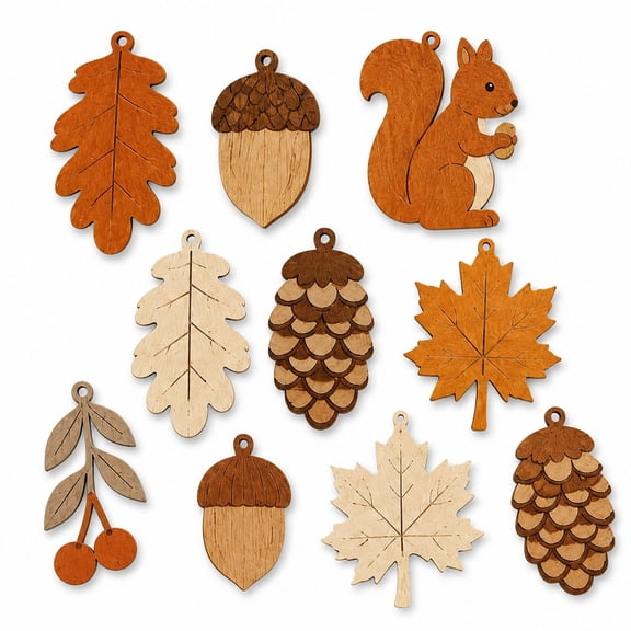 OutmaxHome Fall Harvest Wooden Cutout Ornaments, Assorted Wood Decor With Squirrel, Acorn, Maple & Oak Leaf, Pinecone, Cherry, DIY Embellishments For Fall Crafting & Tree Decor