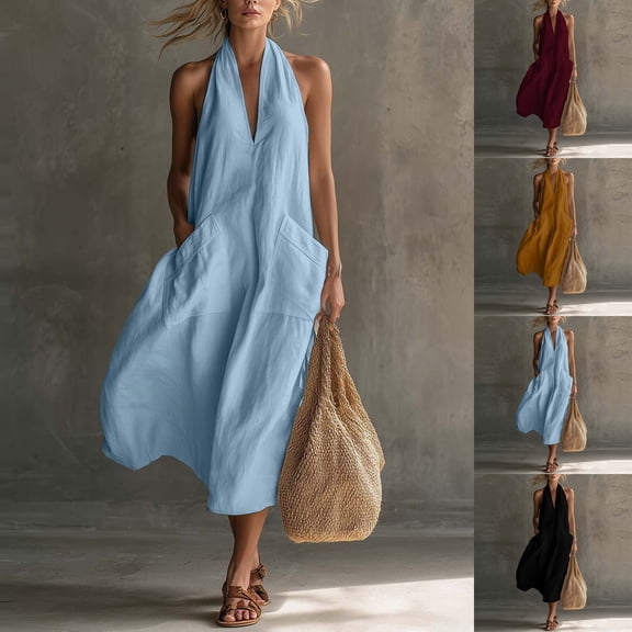 ChaoHeng Maxi Dresses for Women Summer for Solid V Neck Sleeveless Patch Pocket Midi Casual Everyday Sundresses for White S