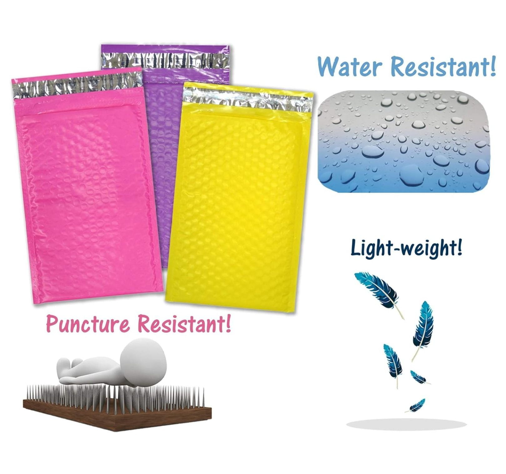 30 Pack 4x8, 6x10", 8x12, 10x15 Inch Hot Pink, Yellow, Purple Assorted Combo Padded Colored Bubble Mailers, Self Seal Mailing Shipping Envelope Bags