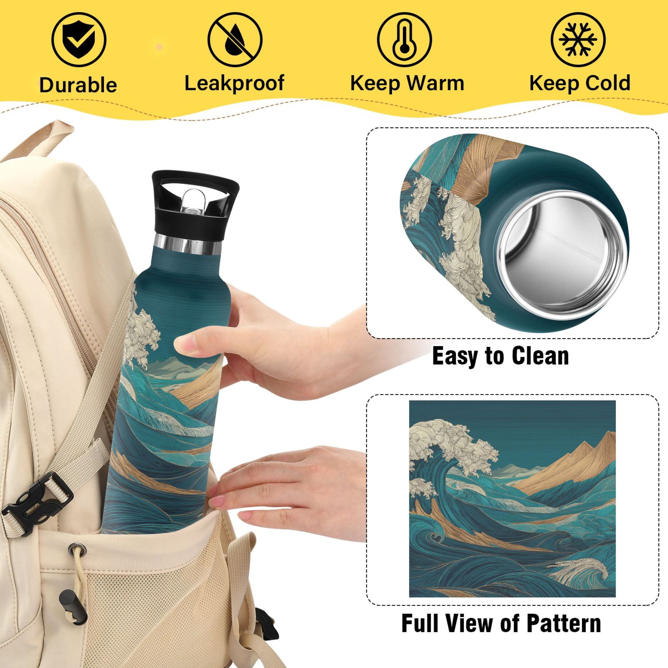 600ML Stainless Steel Insulated Cup Sports Water Bottle Portable Thermos Cup Water Glasses Insulated Tumblers Convenient and Durable Cartoon Green Mountains
