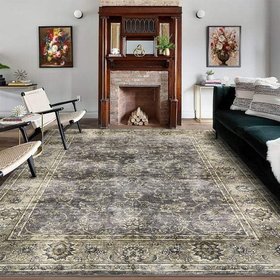 Hasoo Brown Thin Rug 9x12 Area Rug Traditional Rug Indoor Oriental Floral Area Rug Washable Rug