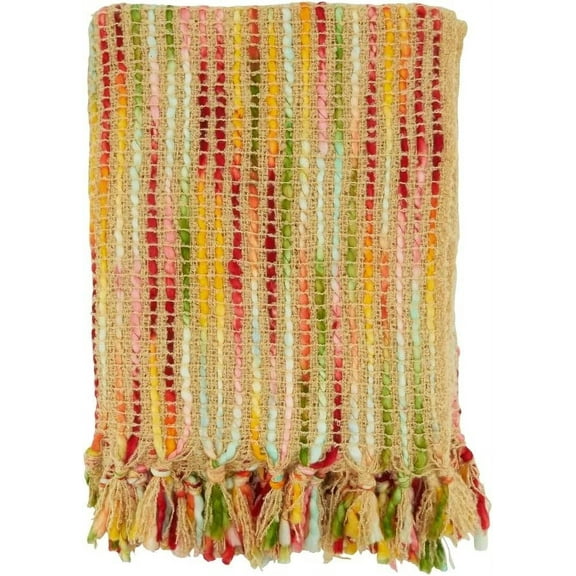 Fennco Styles Rainbow Striped Design Fringe Throw Blanket 50" W x 60" L – Multicolored Woven Blanket for Bed, Couch, Sofa, Holidays, Home Décor and Office Décor