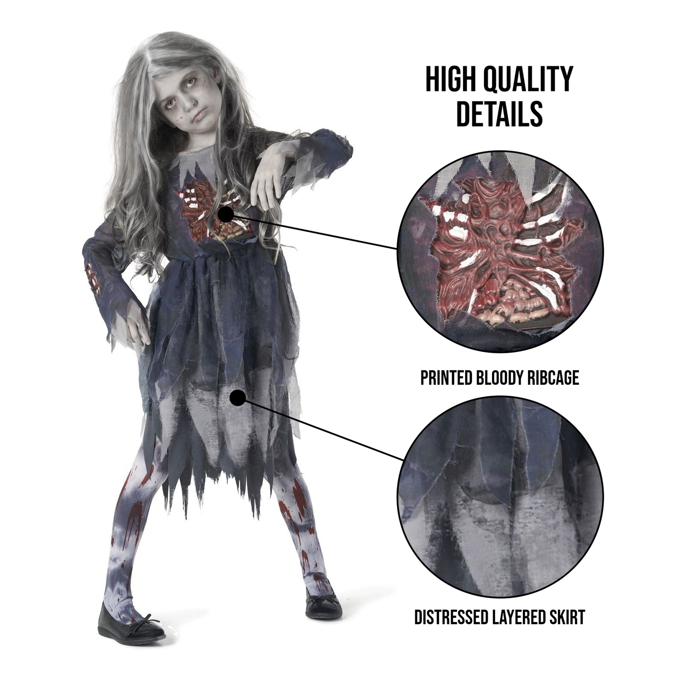 Morph Girls Zombie Costume Kids Undead Scary Halloween Fancy Dress Costume Halloween Orange M - image 2 of 5