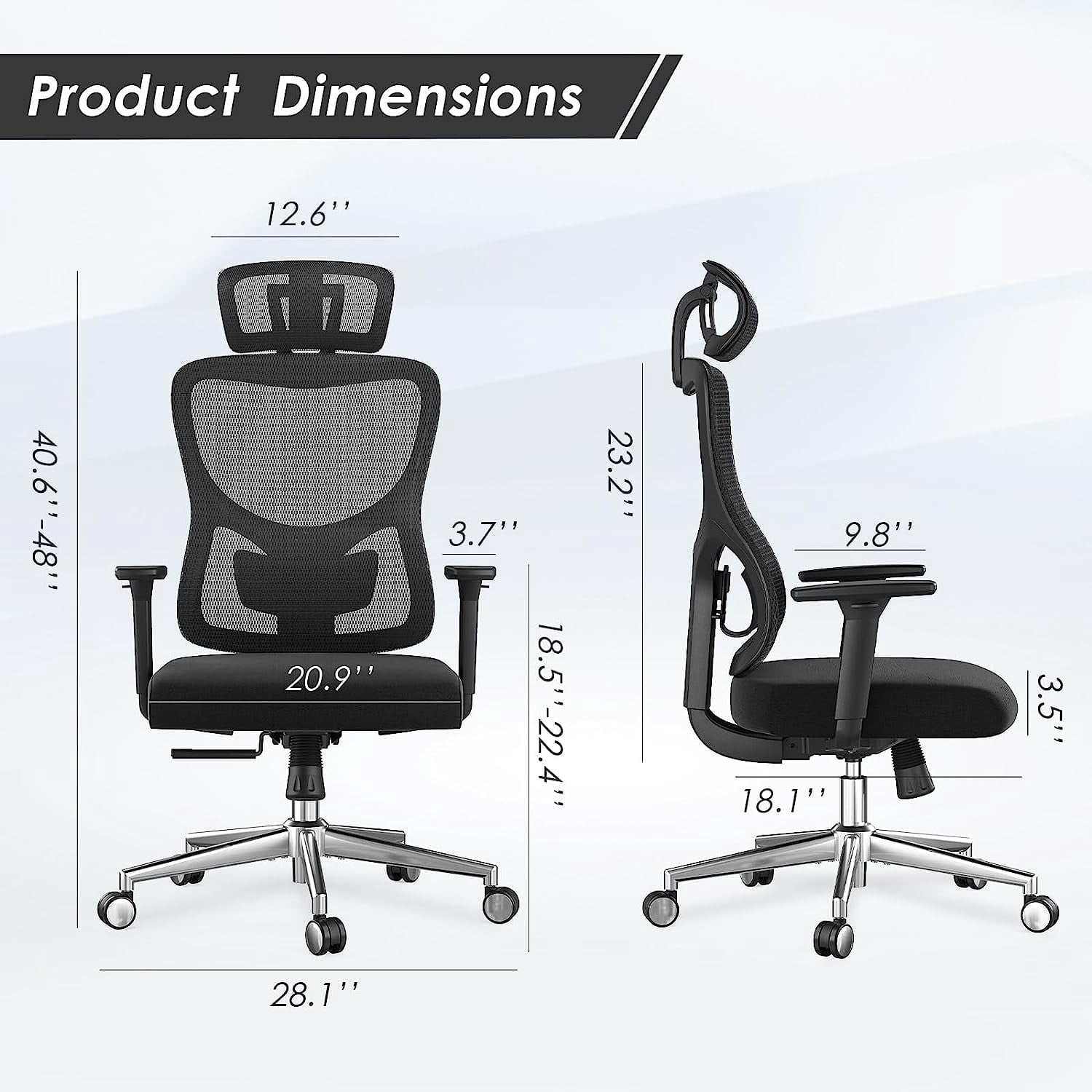 Farini Ergonomic Mesh Office Chair, Computer Desk Chair Ergonomic with Headrest, Adjustable Lumbar Support and 3D Armrests, High Back Office Chair, Black & Black