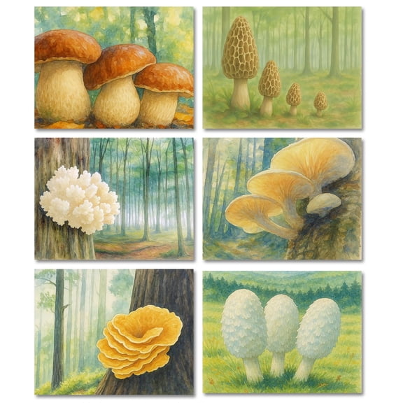 Small World Greetings Wild Mushroom Foraging Note Cards 24 Count-Blank Inside with Envelopes-A2 Size 5.5" x 4.25" - Watercolor Forest Fungi Art Designs
