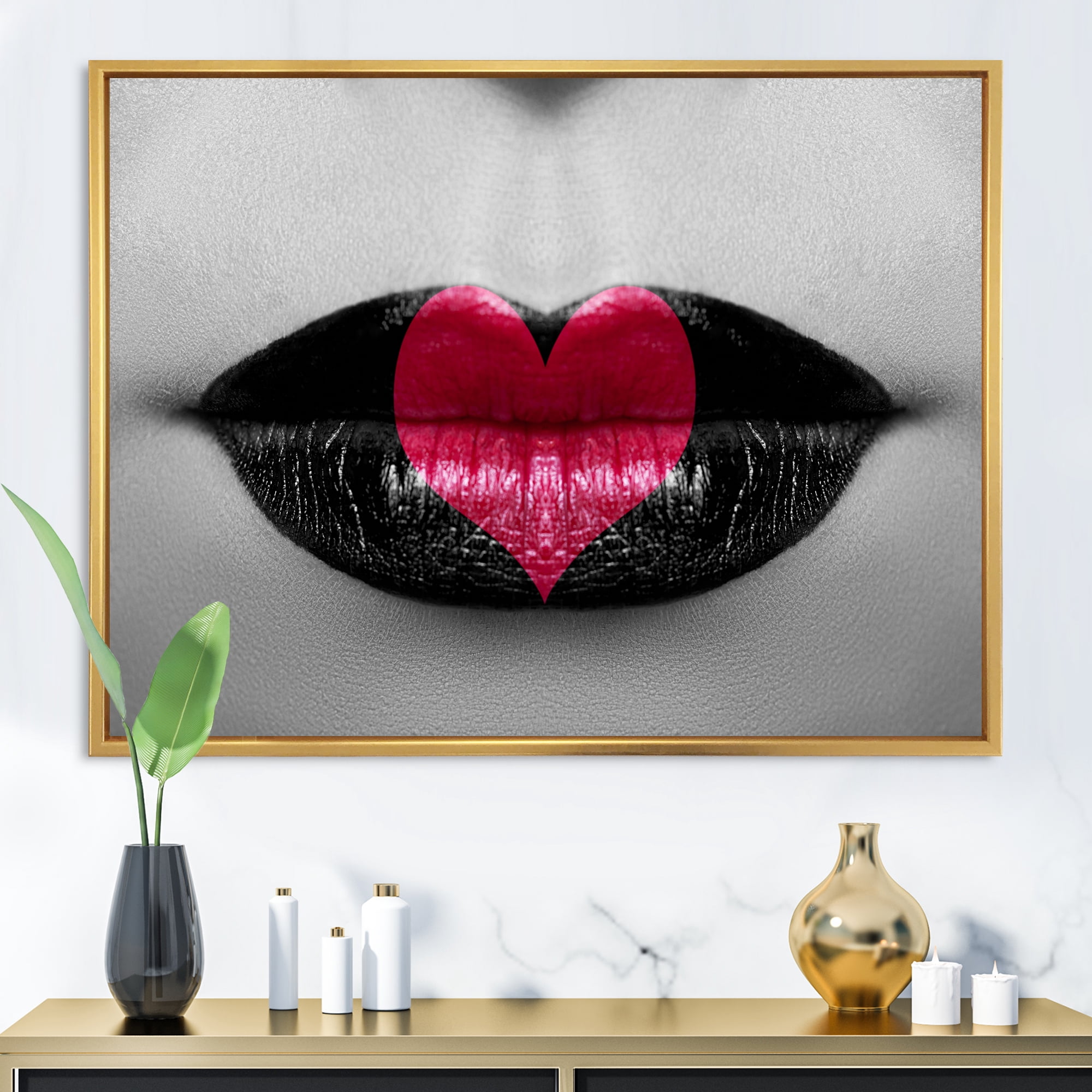 Designart 'Red Heart In Monochrome Lips' Modern Framed Canvas Wall Art Print