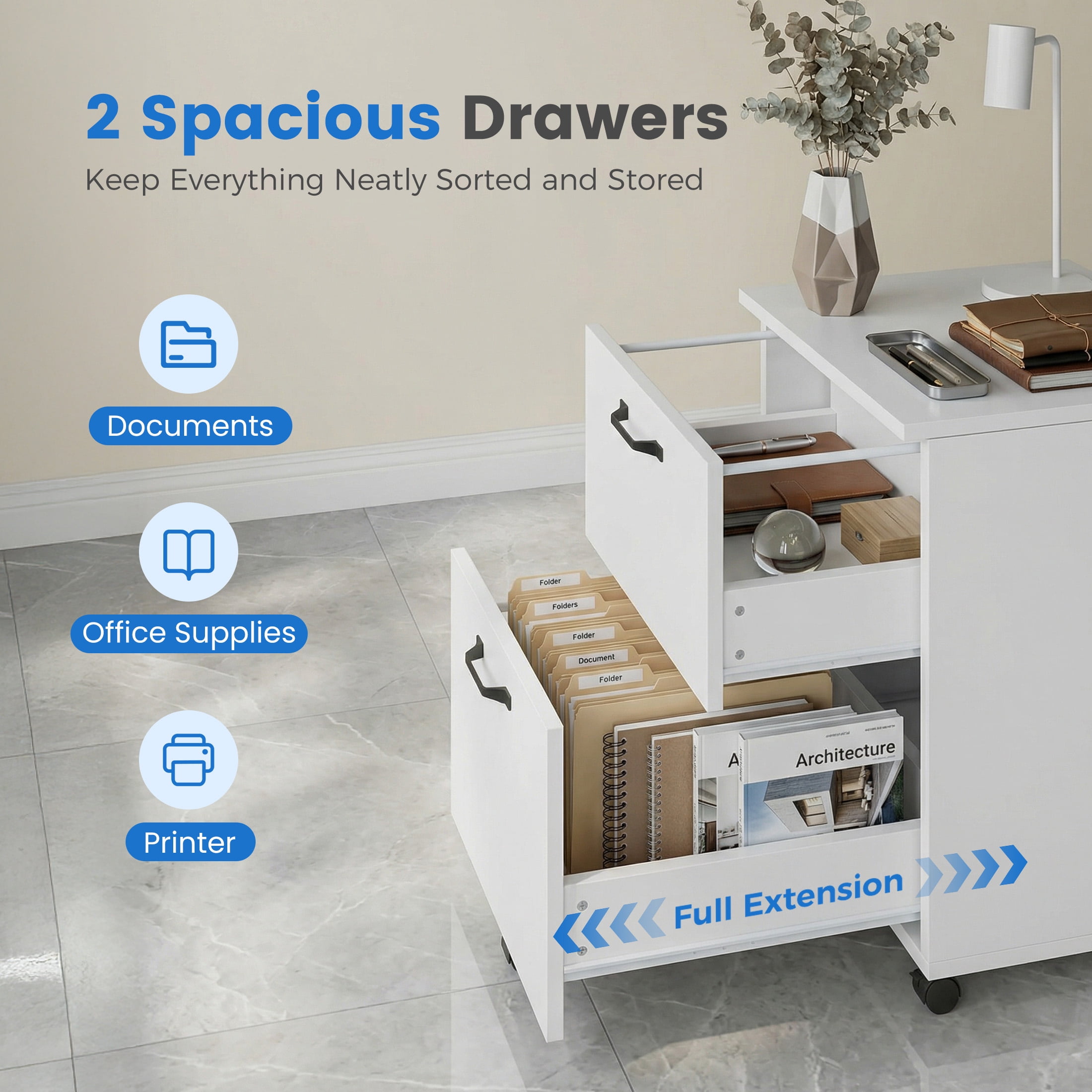 CONCETTA 2-Drawer Rolling File Cabinet with Lockable Wheels, Printer Stand with Storage for Home Office，White