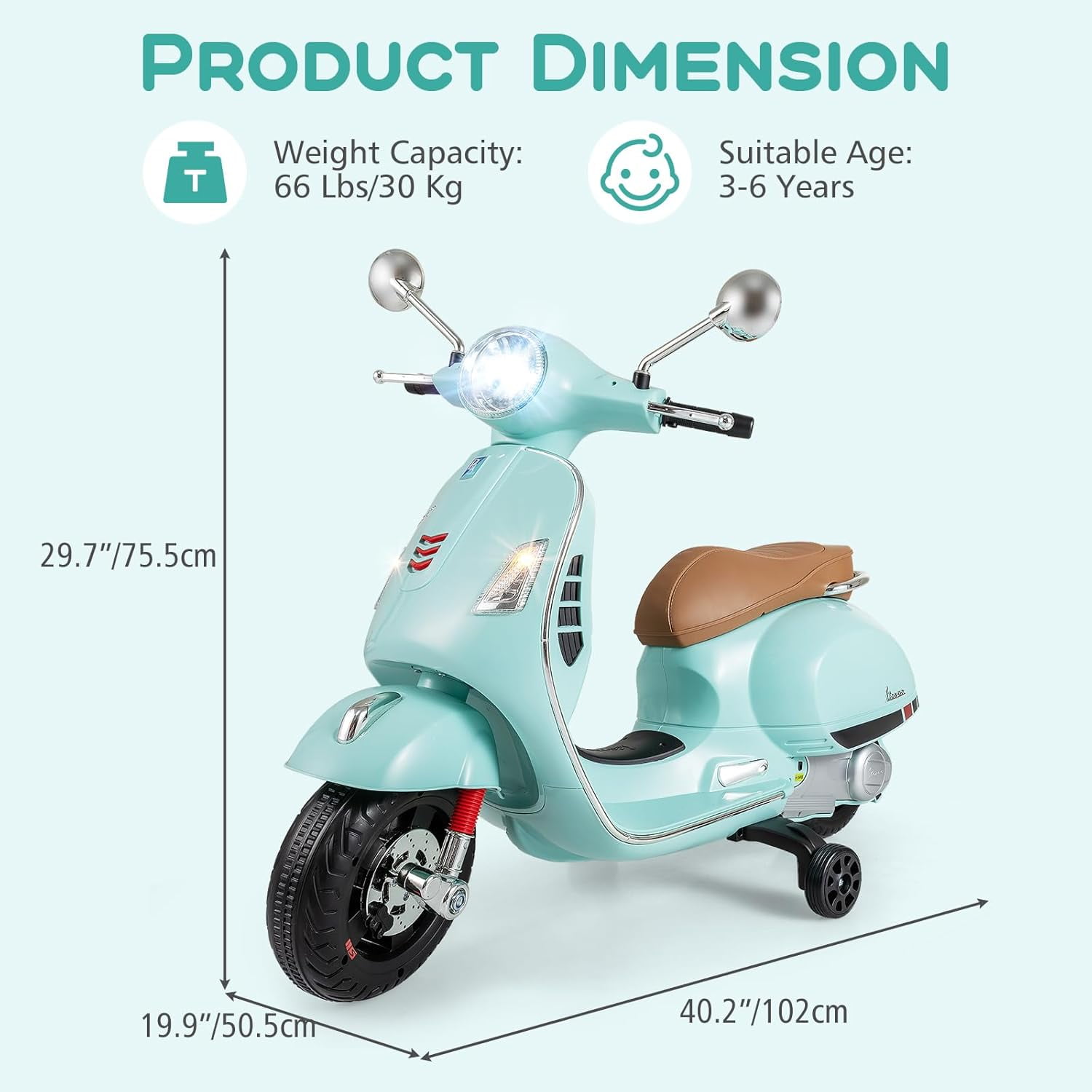 Licensed Vespa 12V Kids Motorcycle by OLAKIDS with Training Wheels, Music, Story, Horn, Lights for 3-6 Years
