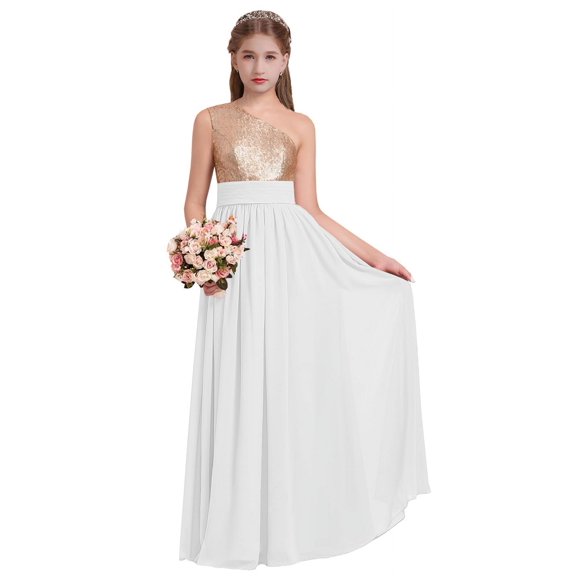 ETHAN A-Line One-Shoulder Floor-Length Chiffon Junior Bridesmaid Dress With Ruffle White Size 2