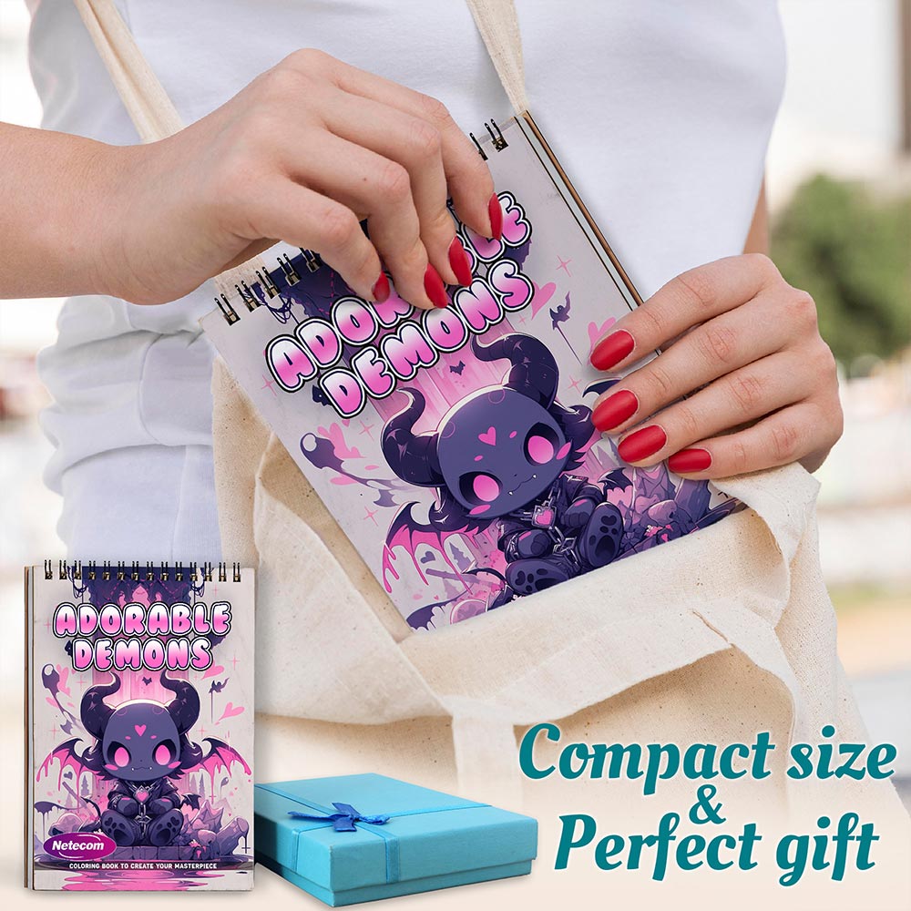 Adorable Demons Coloring Book Spiral Bound For Adults, A5 Wooden Cover, 30 Playful Coloring Pages in Cute Demon Characters for Stress Relief and Relaxation