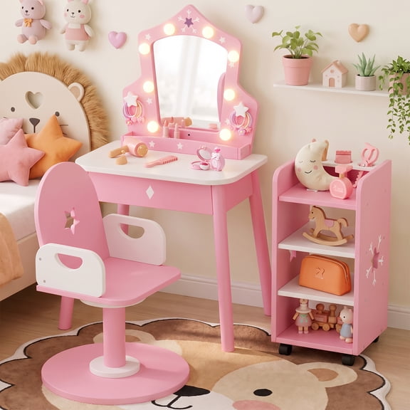 Guqiart Kids Vanity Set with Lights & 360° Swivel Barber Chair, Snowflake Design Wooden Kids Pretend Play Makeup Dressing Table with Rolling Storage Shelf & 7 PCS Salon Accessories, Pink
