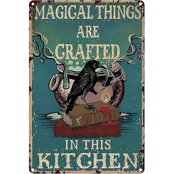 Witch Kitchen Decor Poster Tin Sign Crow Magical Things Are Crafted In This Kitchen Vintage Metal Sign For Indoor Farmhouse Coffee Shop Halloween Wall Decor 12x8 Inch