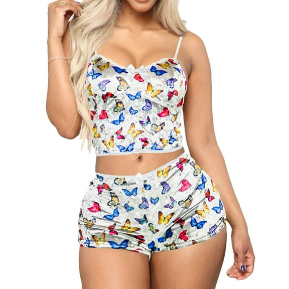 BLTIBY Womens Pajama Sets 2 Piece Velvet Lace Trim Spaghetti Strap Cami Crop Top High Waist Shorts Printed Nightwear Sleepwear A XXL