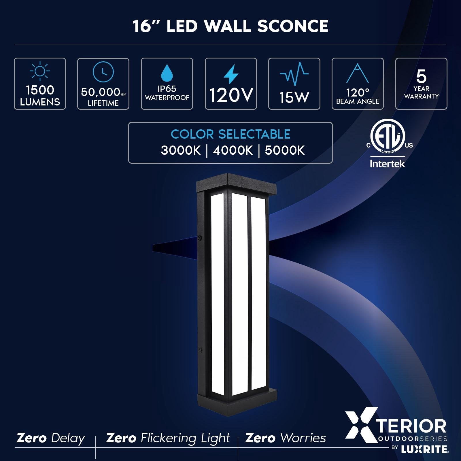 Luxrite LED Outdoor Wall Sconce, 16in Outdoor Wall Light, Black Aluminum, 3CCT 3000K 4000K 5000K, 15W, ETL Listed, IP65