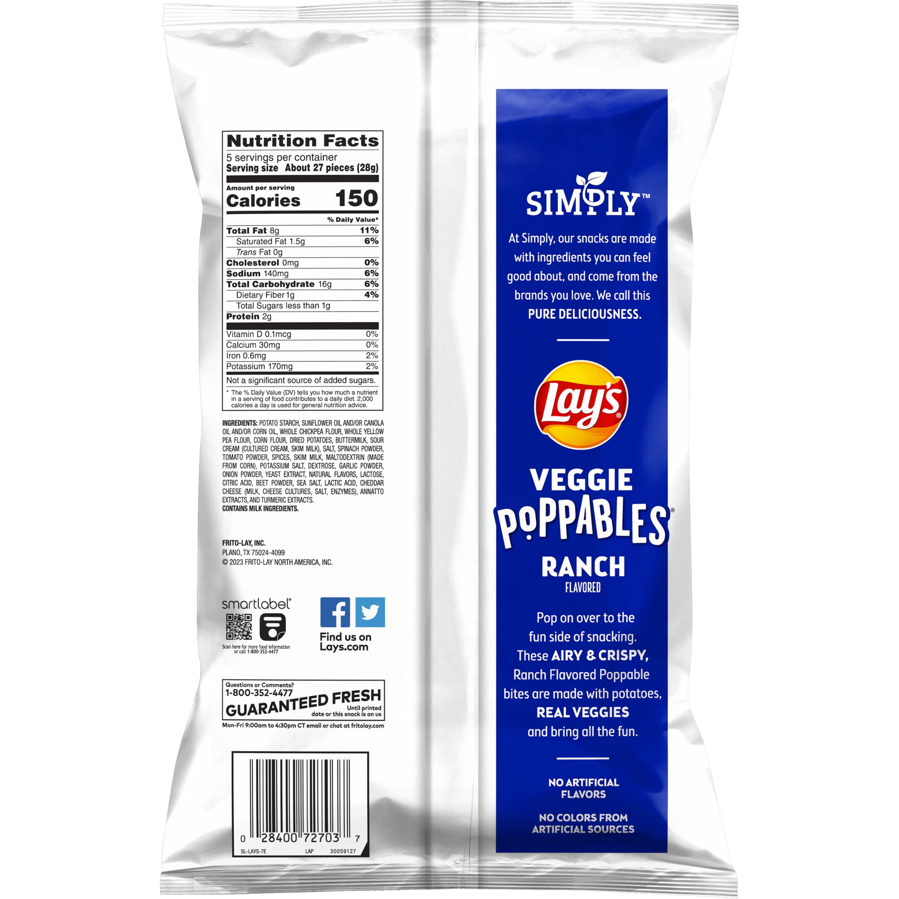 Simply Lays Veggie Poppables Ranch Flavor, Potato Chips, 5 oz