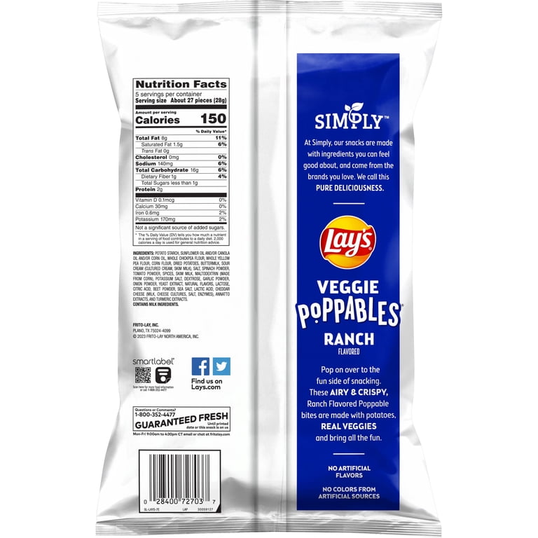 Simply Lays Veggie Poppables Ranch Flavor, Potato Chips, 5 oz