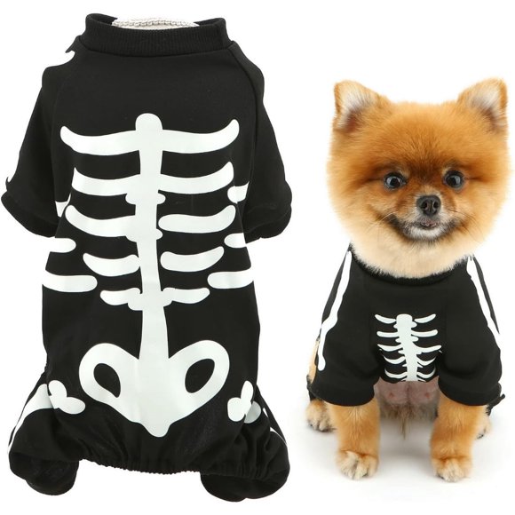 Halloween Dog Costumes for Small Dog Glow in The Dark Skeleton Pet Jumpsuit Skull Puppy Pajamas Breathable Stretchy Halloween Holiday Cosplay Party Apparel, Black-Skull, XL